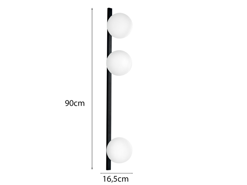 Große LED Wandleuchte 3-flammig Schwarz mit Glaskugeln Opalweiß, Höhe 90cm