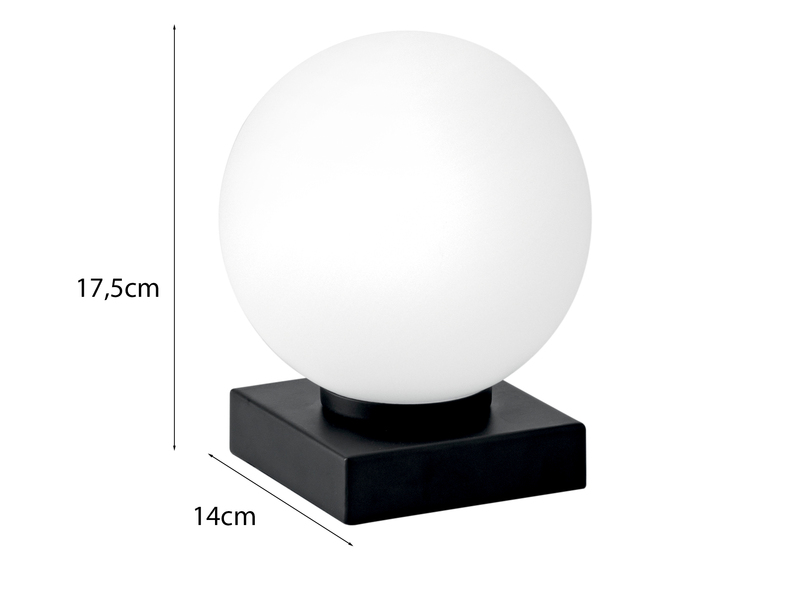 Kleine LED Tischleuchte Schwarz mit Glaskugel in Opalweiß, Höhe 17,5cm