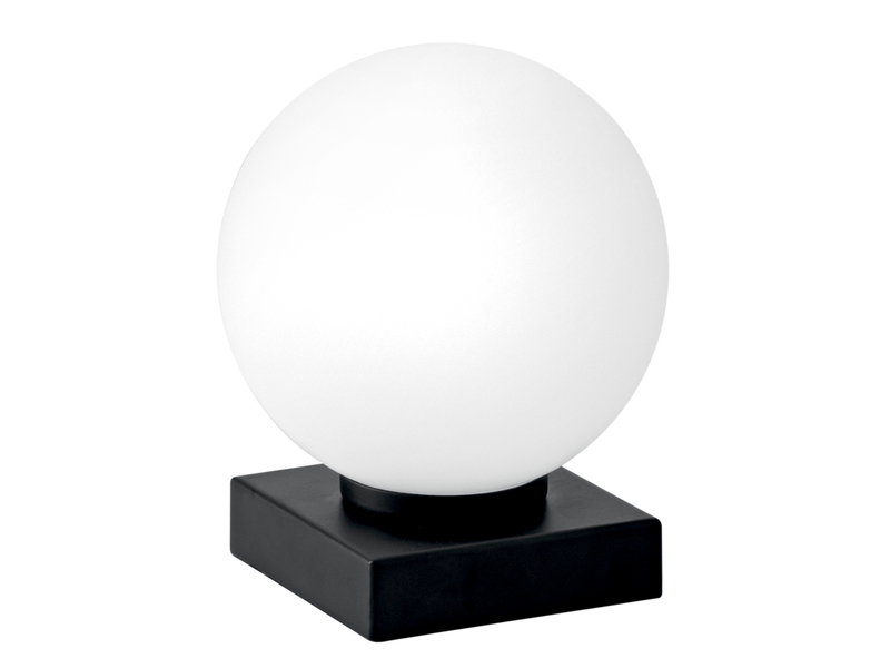 Kleine LED Tischleuchte Schwarz mit Glaskugel in Opalweiß, Höhe 17,5cm