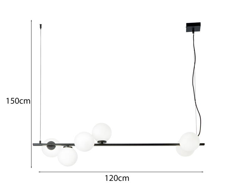 LED Pendelleuchte 6-flammig Schwarz mit Glaskugeln in Opalweiß, Breite 120cm