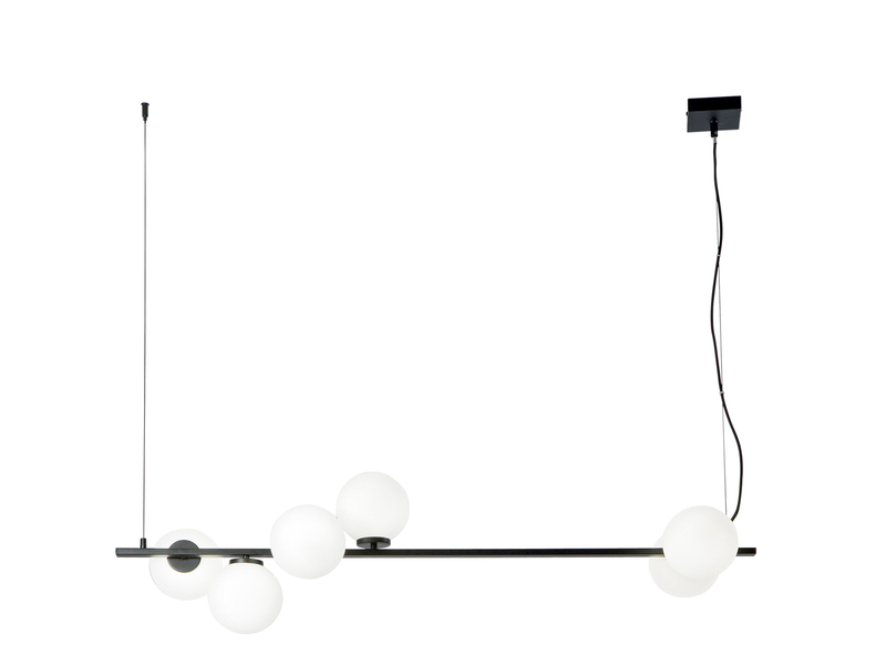 LED Pendelleuchte 6-flammig Schwarz mit Glaskugeln in Opalweiß, Breite 120cm