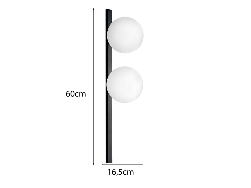 LED Wandleuchte 2-flammig Schwarz mit Glaskugeln in Opalweiß, Höhe 60cm