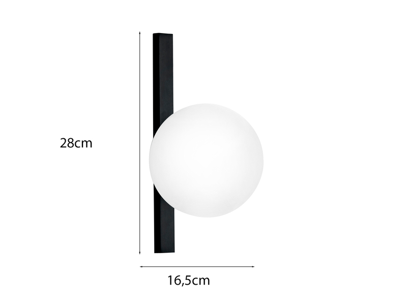 LED Wandleuchte 1-flammig Schwarz mit Glaskugel Opalweiß, Höhe 28cm