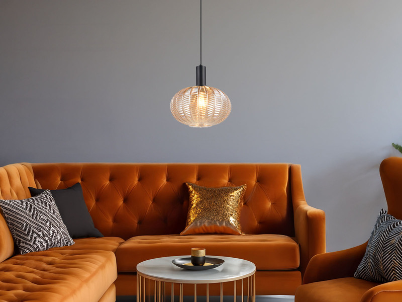 Pendelleuchte ELVEZIA einflammig mit Kugel Glasschirm Amber Ø 26cm