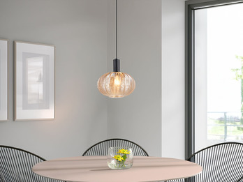 Pendelleuchte ELVEZIA einflammig mit Kugel Glasschirm Amber Ø 26cm