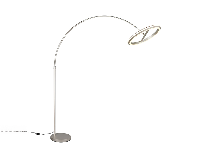 große LED-Bogenstehleuchte in Silber mit ringförmigem Leuchtenkopf – Freistelleransicht