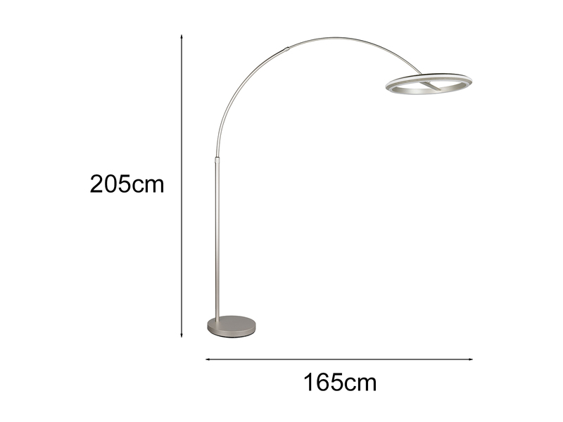 Maße der LED-Bogenstehleuchte in Silber mit ringförmigem Leuchtenkopf: 205cm hoch und 165cm Ausladung
