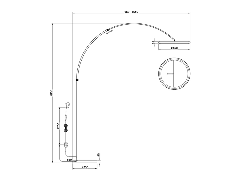LED-Bogenstehleuchte mit ringförmigem Leuchtenkopf  – detaillierte Maßzeichnung