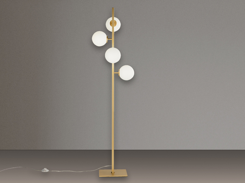 Stehlampe ENOIRE 4-flammig Gold mit Glaskugeln in Opalweiß, Höhe 150cm