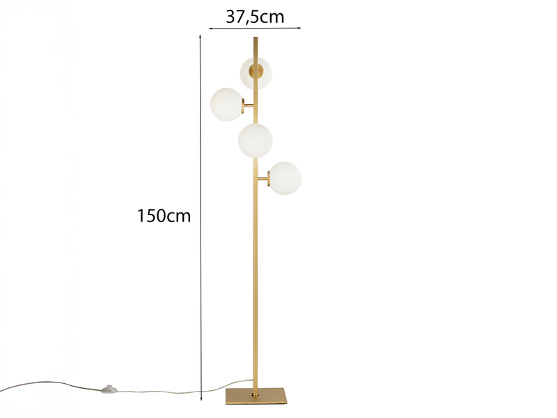 Stehlampe ENOIRE 4-flammig Gold mit Glaskugeln in Opalweiß, Höhe 150cm