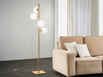 Stehlampe ENOIRE 4-flammig Gold mit Glaskugeln in Opalweiß, Höhe 150cm