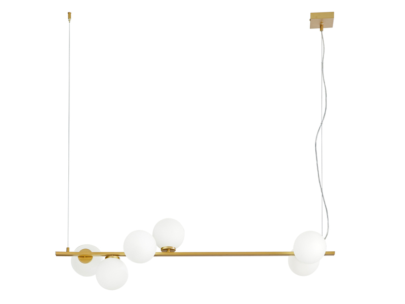Pendelleuchte ENOIRE 6-flammig Gold mit Glaskugeln in Opalweiß, Breite 120cm