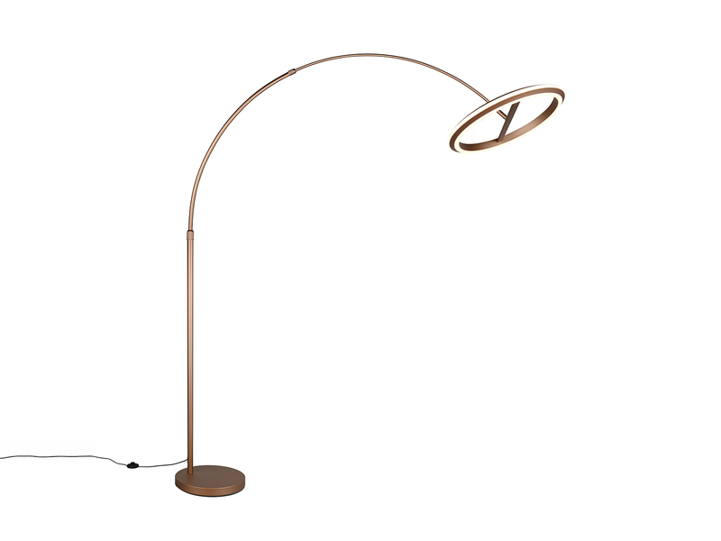 Große LED-Bogenstehleuchte in Coffee mit ringförmigem Leuchtenkopf – Freistelleransicht