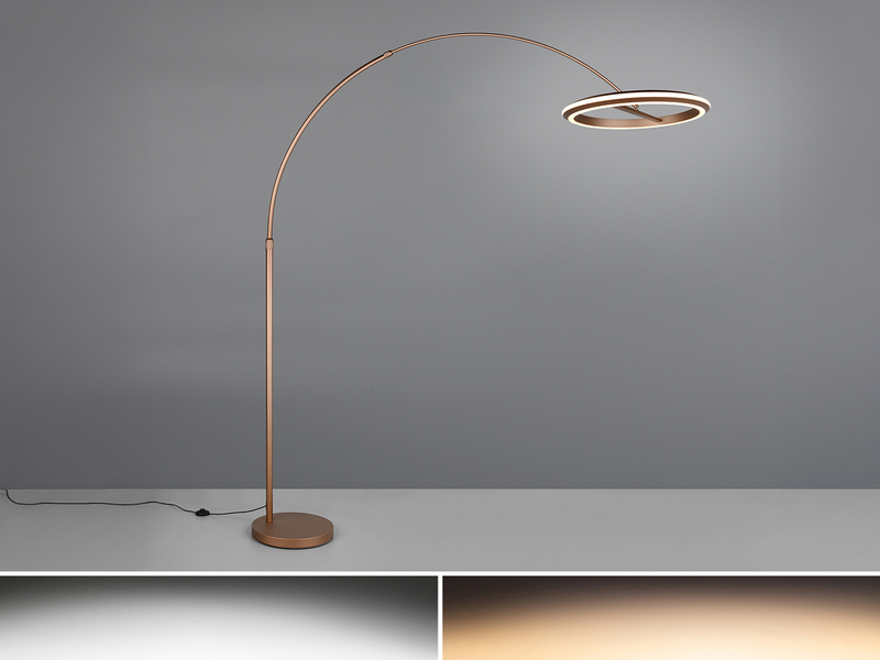 Große LED-Bogenstehleuchte in Coffee mit ringförmigem Leuchtenkopf mit einstellbaren Lichtfarben in Neutralweiß und Warmweiß