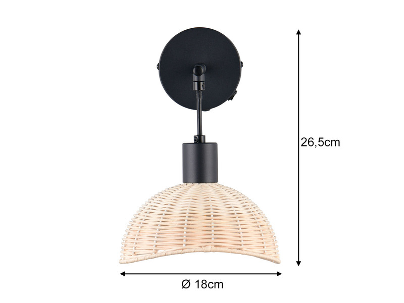 LED Wandlampe mit Schalter & Rattan Lampenschirm, Höhe 26,5cm