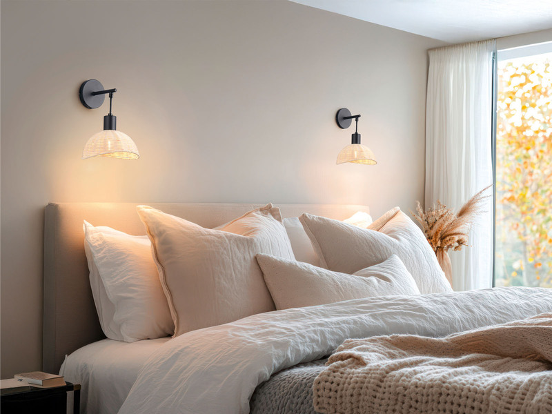 LED Wandlampe mit Schalter & Rattan Lampenschirm, Höhe 26,5cm