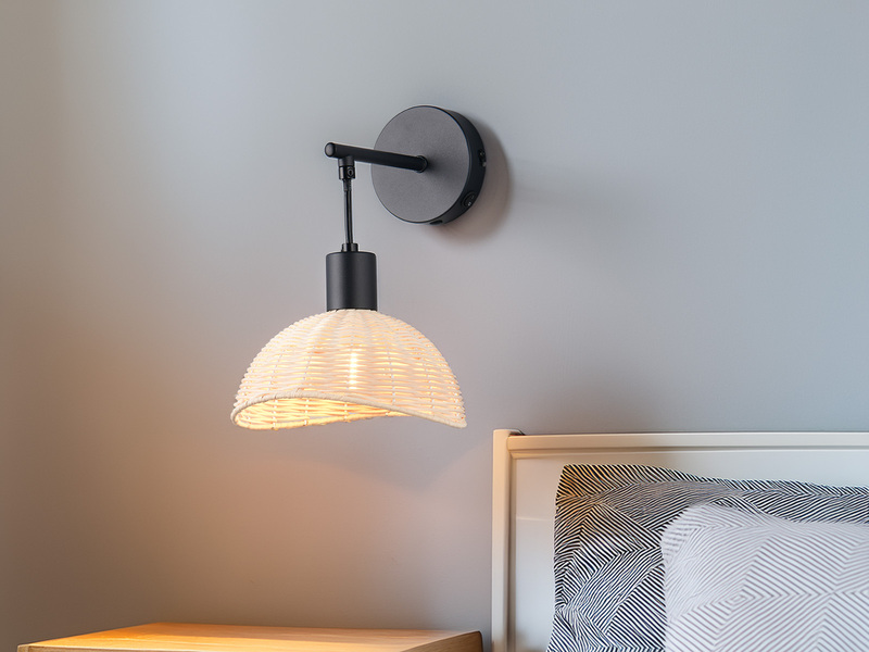 LED Wandlampe mit Schalter & Rattan Lampenschirm, Höhe 26,5cm