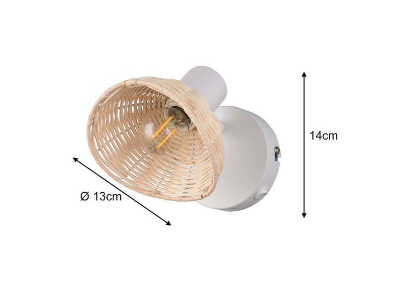 Wandstrahler CALVI mit Schalter & Rattan Lampenschirm, Breite 13cm