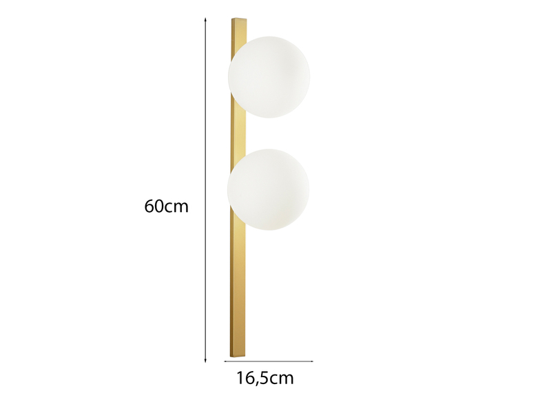 LED Wandleuchte 2-flammig Gold mit Glaskugeln in Opalweiß, Höhe 60cm
