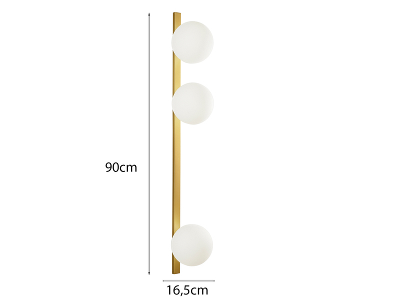 Große LED Wandleuchte 3-flammig Gold mit Glaskugeln Opalweiß, Höhe 90cm
