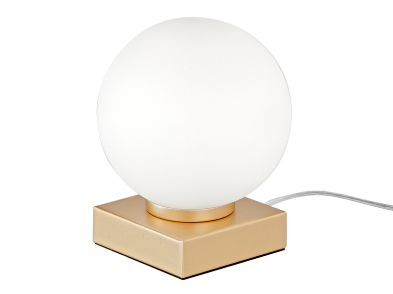 Kleine LED Tischleuchte Gold mit Glaskugel in Opalweiß, Höhe 17,5cm