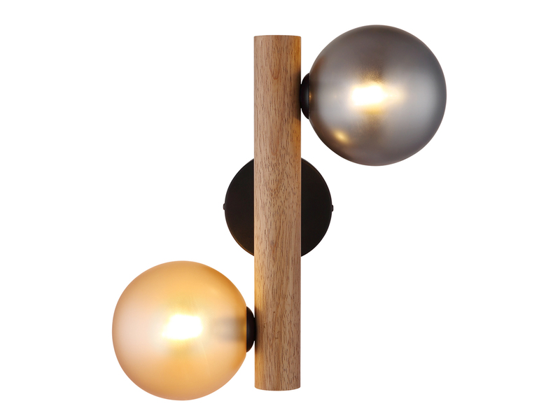 LED Wandleuchte aus Holz 2-flammig Glaskugeln Rauchglas & Bernstein, Höhe 32cm