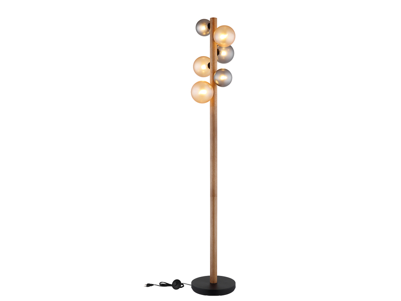 LED Stehleuchte aus Holz 6-flammig Glaskugeln Rauchglas & Bernstein, H: 150cm
