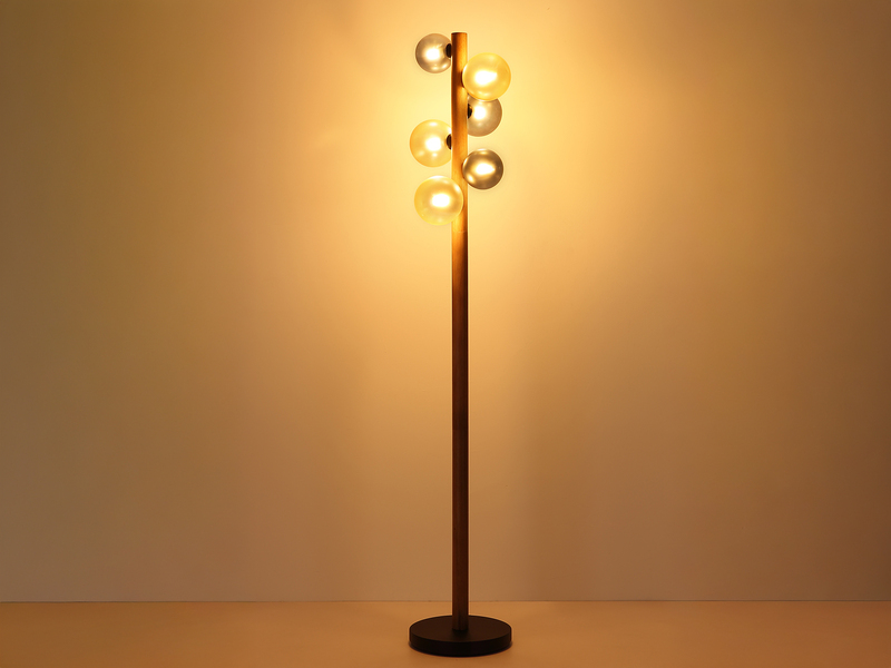 LED Stehleuchte aus Holz 6-flammig Glaskugeln Rauchglas & Bernstein, H: 150cm