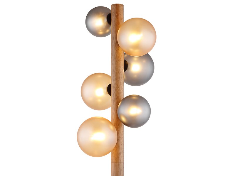 LED Stehleuchte aus Holz 6-flammig Glaskugeln Rauchglas & Bernstein, H: 150cm