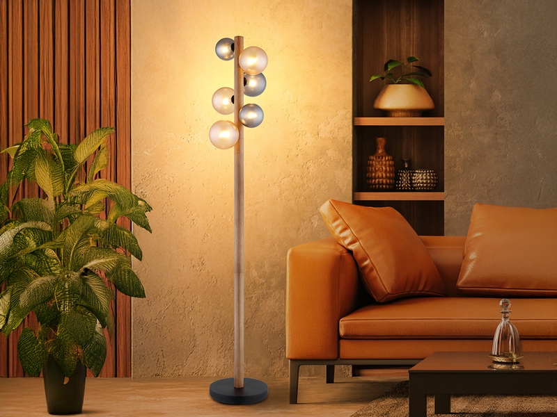 LED Stehleuchte aus Holz 6-flammig Glaskugeln Rauchglas & Bernstein, H: 150cm