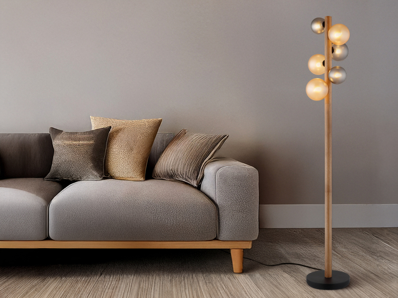 LED Stehleuchte aus Holz 6-flammig Glaskugeln Rauchglas & Bernstein, H: 150cm