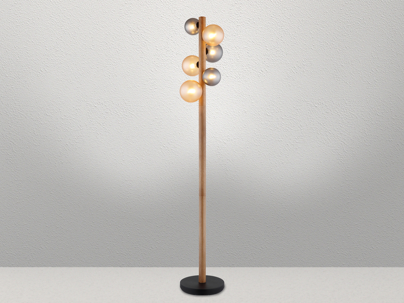 LED Stehleuchte aus Holz 6-flammig Glaskugeln Rauchglas & Bernstein, H: 150cm