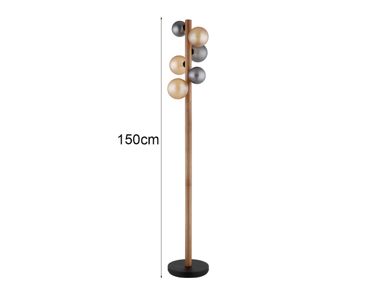 LED Stehleuchte aus Holz 6-flammig Glaskugeln Rauchglas & Bernstein, H: 150cm