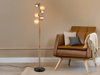 LED Stehleuchte aus Holz 6-flammig Glaskugeln Rauchglas & Bernstein, H: 150cm