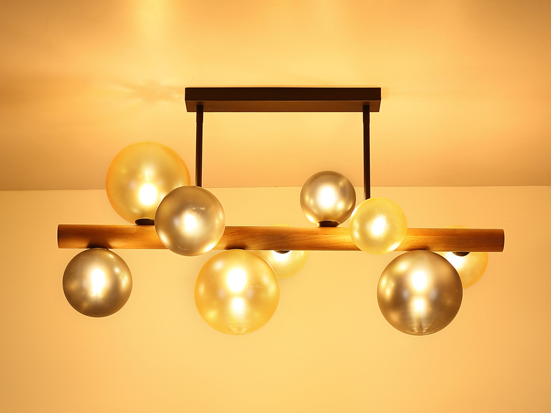 LED Deckenleuchte aus Holz 9-flammig Glaskugeln Rauchglas & Bernstein, B: 78cm