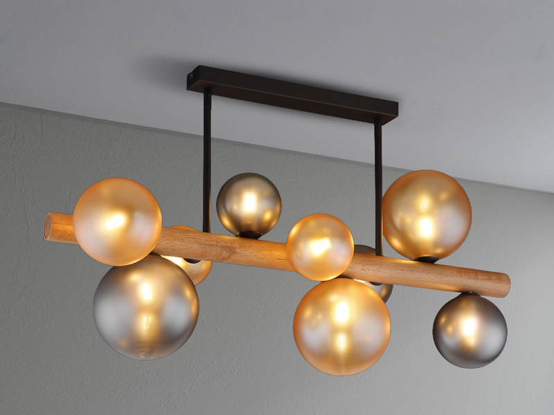 LED Deckenleuchte aus Holz 9-flammig Glaskugeln Rauchglas & Bernstein, B: 78cm