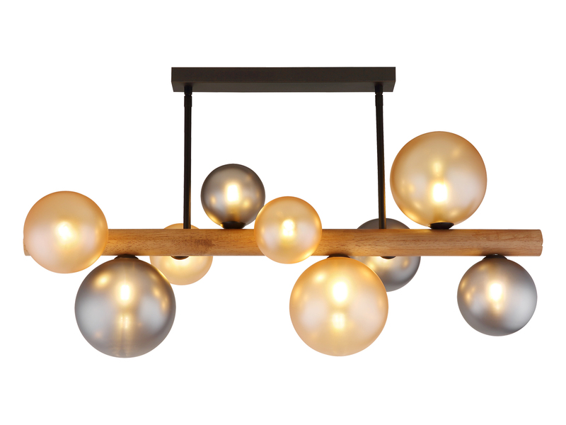 LED Deckenleuchte aus Holz 9-flammig Glaskugeln Rauchglas & Bernstein, B: 78cm