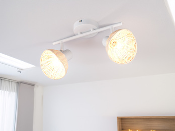 LED Deckenstrahler 2-flammig Weiß, Lampenschirme Rattan, Breite 40cm
