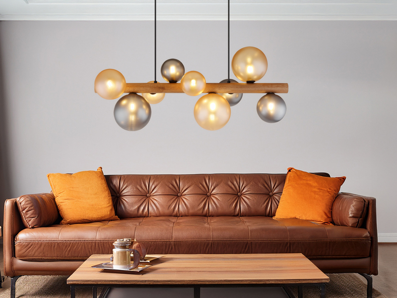 LED Pendelleuchte aus Holz 9-flammig Glaskugeln Rauchglas & Bernstein, B: 78cm