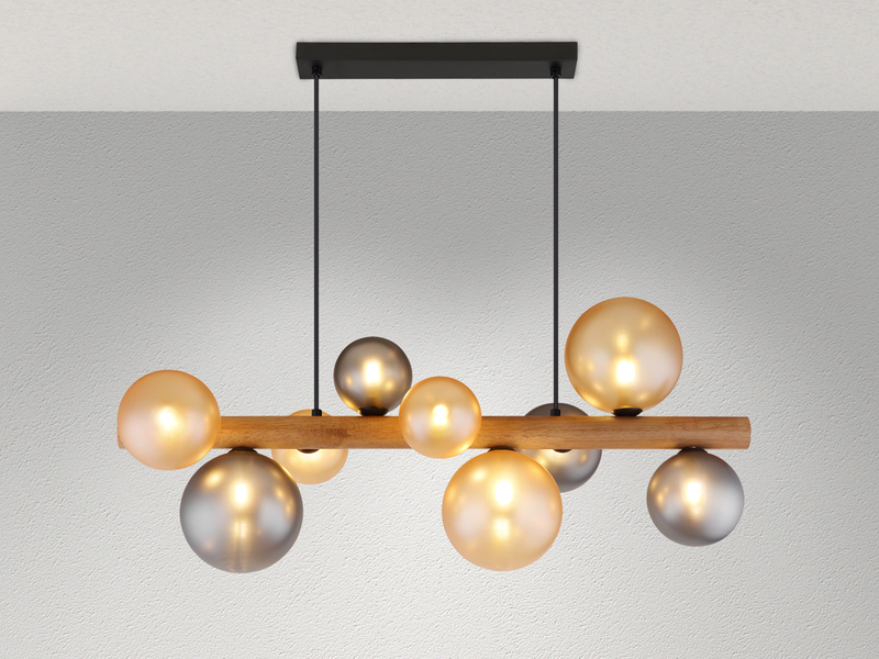LED Pendelleuchte aus Holz 9-flammig Glaskugeln Rauchglas & Bernstein, B: 78cm