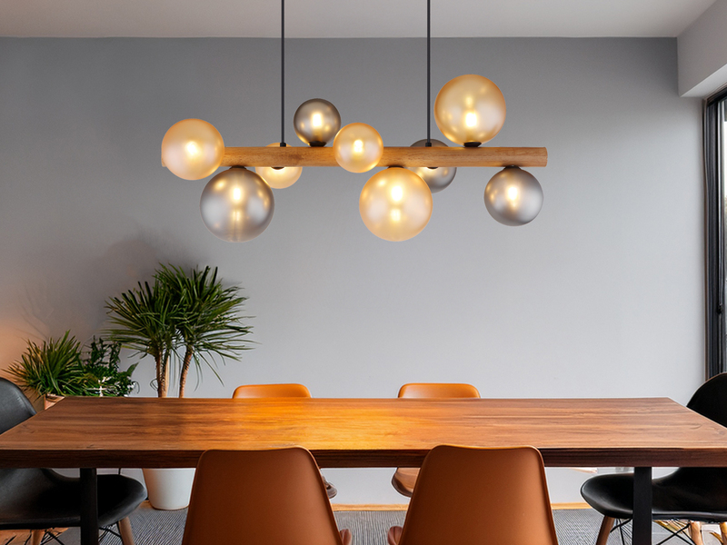 LED Pendelleuchte aus Holz 9-flammig Glaskugeln Rauchglas & Bernstein, B: 78cm