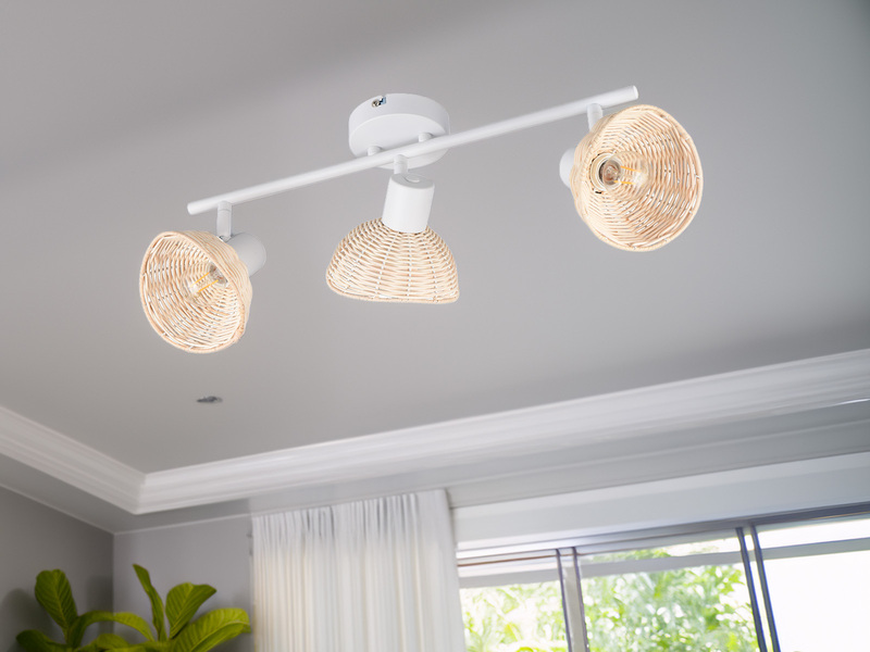 LED Deckenstrahler 3-flammig Weiß, Lampenschirme Rattan, Breite 59cm