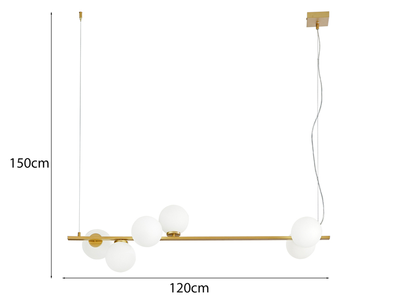 LED Pendelleuchte 6-flammig Gold mit Glaskugeln in Opalweiß, Breite 120cm