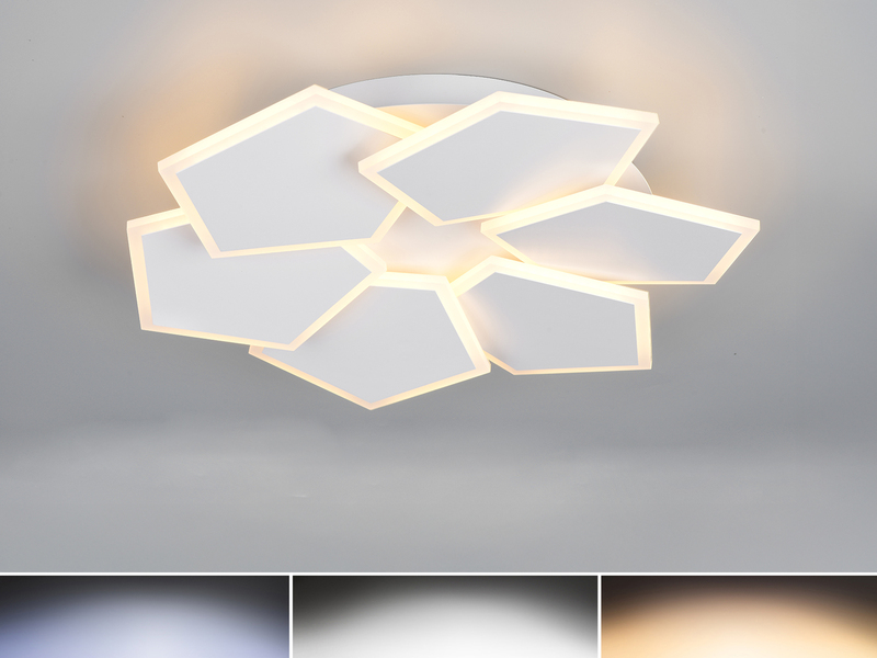 LED-Deckenleuchte in Weiß mit geometrischen Leuchtflächen und einstellbaren Lichtfarben in Warmweiß, Neutralweiß und Tageslicht