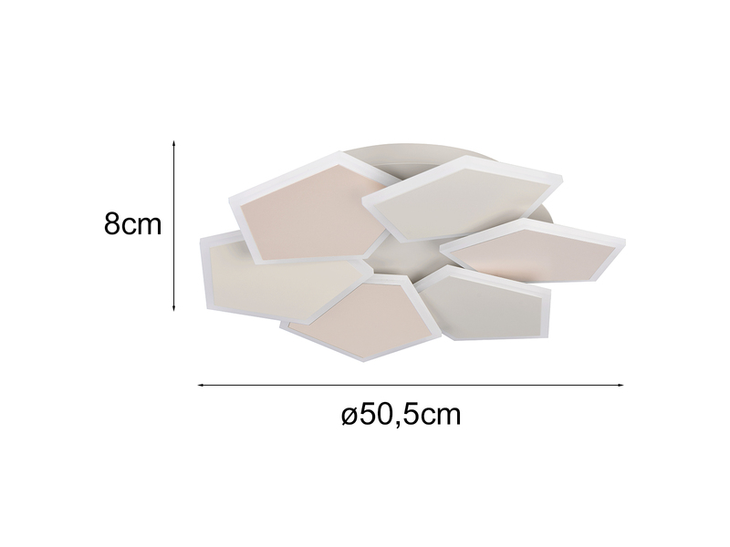 Maße der grau beigen LED-Deckenleuchte - Höhe 8cm und 50,5cm Durchmesser