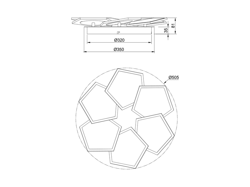 LED-Deckenleuchte mit geometrischen Leuchtflächen – detaillierte Maßzeichnung