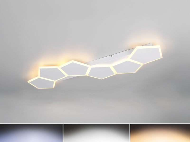 Längliche LED-Deckenleuchte in Weiß mit geometrischen Leuchtflächen und einstellbaren Lichtfarben in Warmweiß, Neutralweiß und Tageslicht Ja
