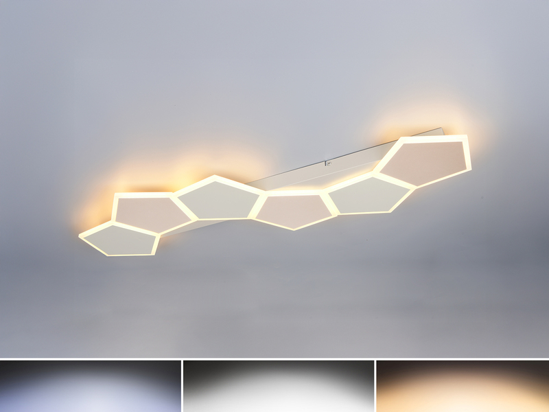 Längliche LED-Deckenleuchte in Grau Beige mit geometrischen Leuchtflächen und einstellbaren Lichtfarben in Warmweiß, Neutralweiß und Tageslicht 
