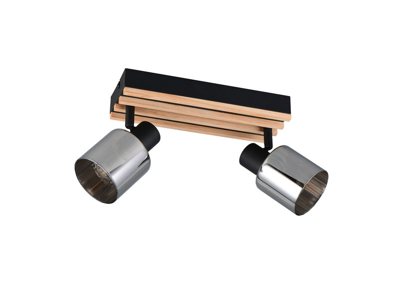 Deckenstrahler TRAVIA 2-flammig, Rauchglas Schwarz & Holzlamellen, Breite 38,5cm