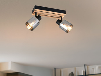 Deckenstrahler TRAVIA 2-flammig, Rauchglas Schwarz & Holzlamellen, Breite 38,5cm